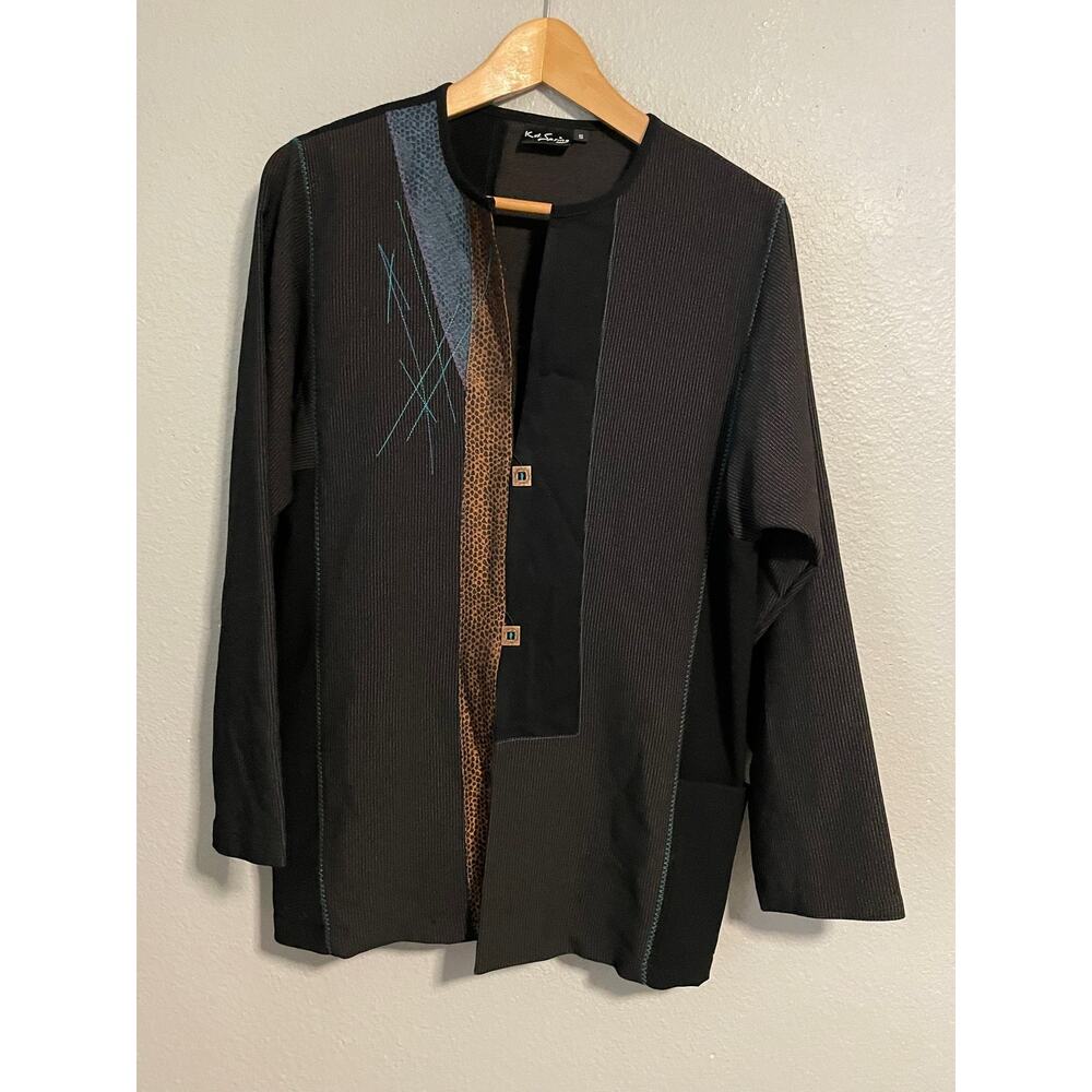 Kd Spring Women Jacket Small Black Brown Blue Colorblock Wacky Artwear Lagenlook